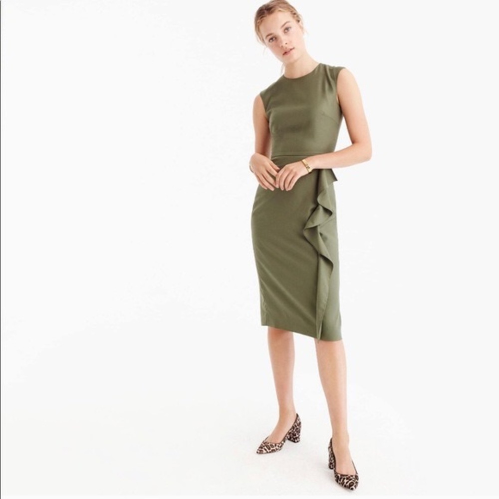 NWOT J Crew ruffle sheath dress in super 120s wool, bright plum